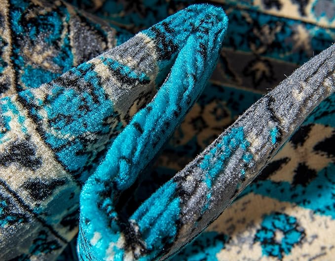 Unique Loom Taftan Collection Border Geometric Tribal Inspired Design Area Rug (9' 10 x 13' 0 Rectangular, Turquoise/ Gray)