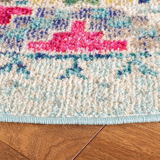 SAFAVIEH Madison Collection Area Rug - 6'7" Round, Blue & Yellow, Boho Diamond Distressed Design, Non-Shedding & Easy Care, Ideal for High Traffic Areas in Living Room, Bedroom (MAD418K)