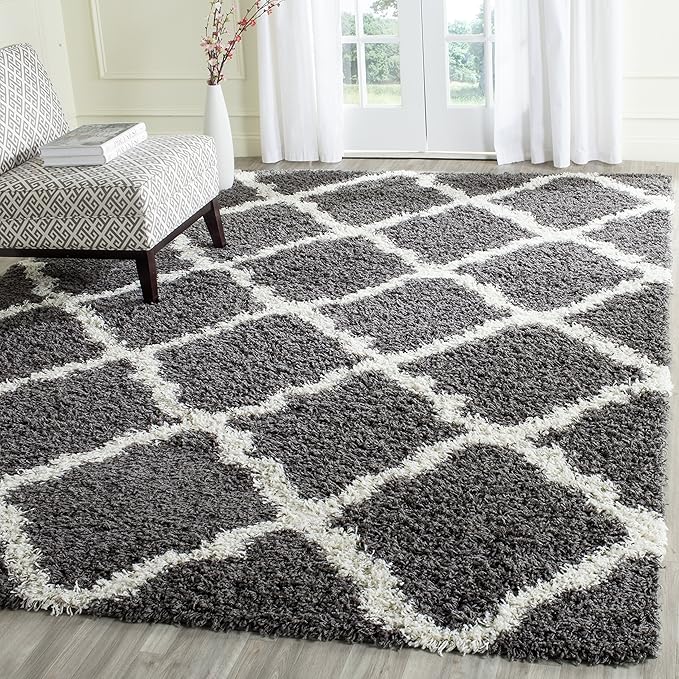 SAFAVIEH Area Rug 8x10 - Dallas Shag Collection - Large - Dark Grey & Ivory, Trellis Pattern, Non-Shedding & Easy Cleaning, Plush Thick Pile, Ideal for Living Room, Bedroom, Dining Space (SGD257A)