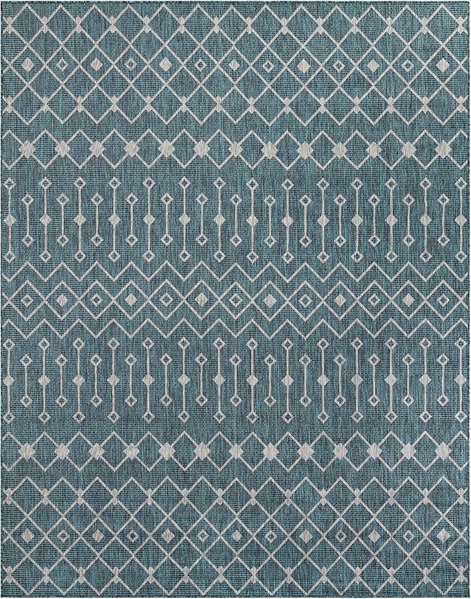 Unique Loom Outdoor Trellis Collection Area Rug - Tribal Trellis (7' 10" x 10' Rectangle Teal/Ivory)