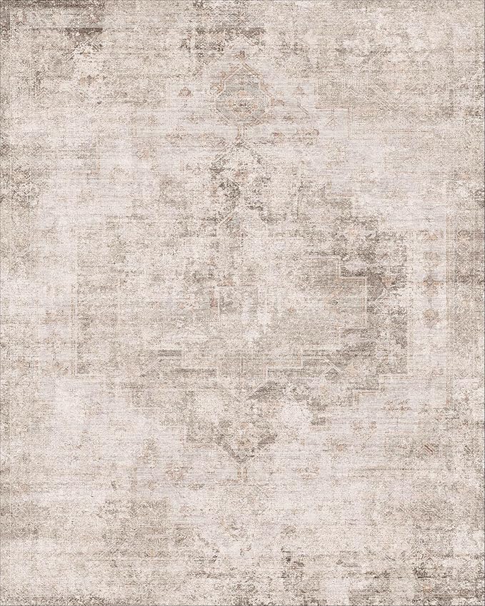 Washable 4x6 Rug for Small Living Room, Area Rug for Kitchen, Bedside, Large Entryway Indoor - Stain Resistant Non Slip with Rubber Backing, Unique Floral Aethestic Décor, Light Brown & Beige