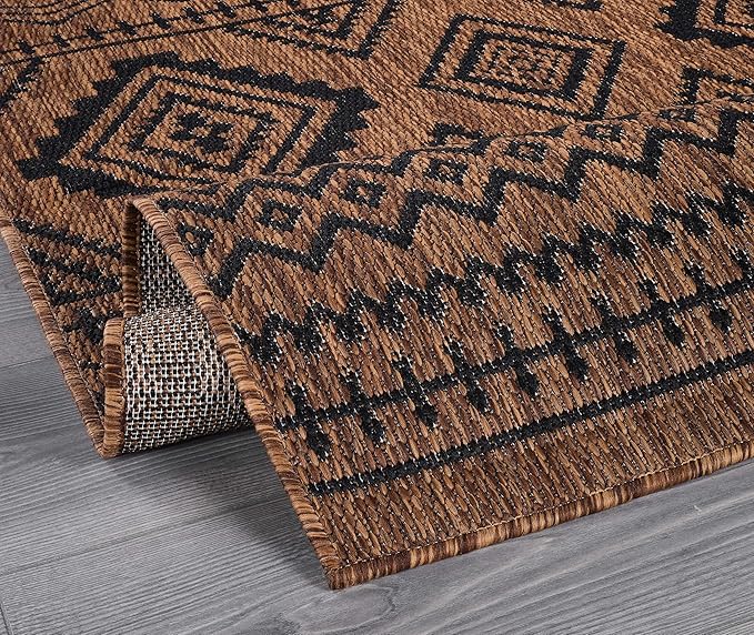 Beverly Rug Waikiki Boho Indoor Outdoor Rug 8x10, Washable Outside Carpet for Patio, Deck, Porch, Bohemian Area Rug, Farmhouse Rugs, Aztec Tribal Rug, Nut Brown and Black