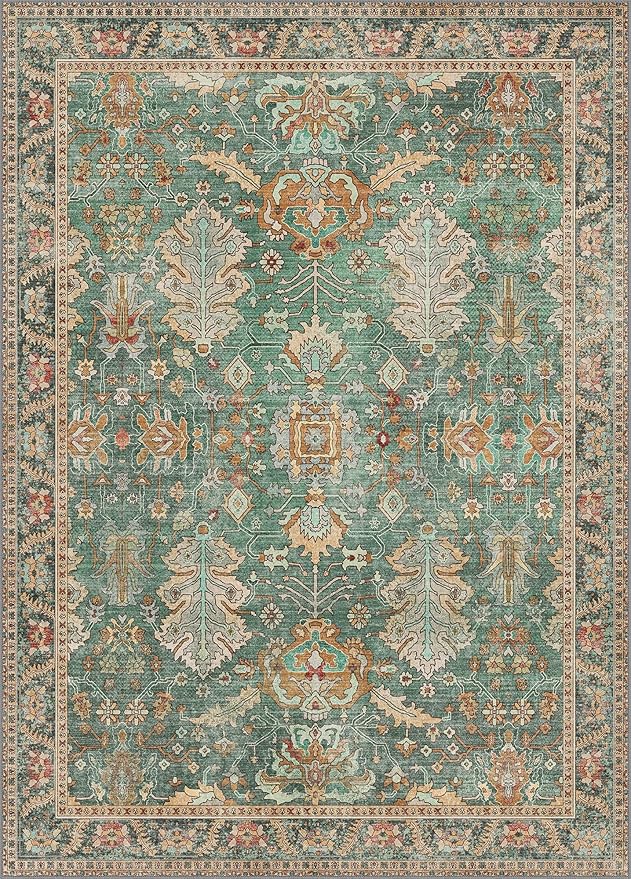 Bavni 10x14 Area Rugs for Living Room, Machine Washable Rug Lightweight Low Pile, Chenille Non Slip Rug Boho Print Decorative Carpet for Bedroom Dinning Room, Sage/Gold