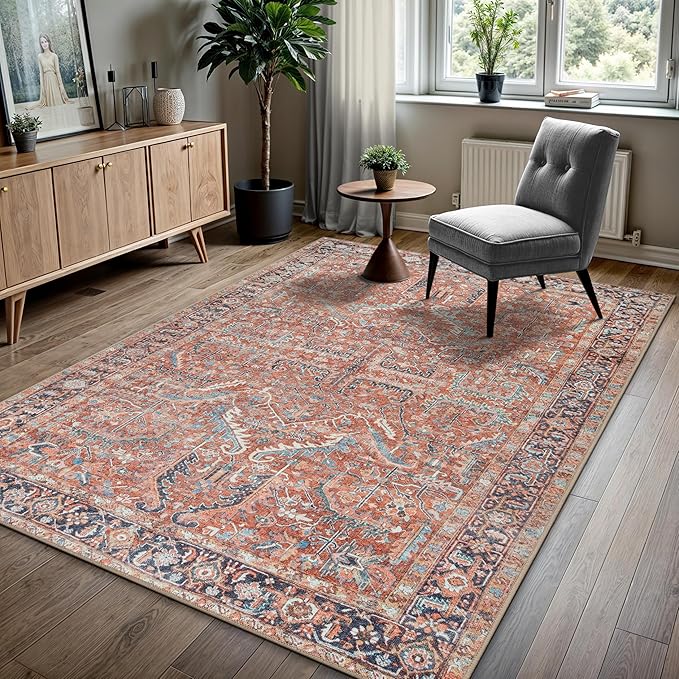 GLN Rugs Traditional Collection - Machine Washable Area Rug, Traditional Washable, Non Slip, Low Pile Chenille Rug, Living Room, Bedroom, Kitchen Rug (3' x 5' Terra/Multicolor 1168)