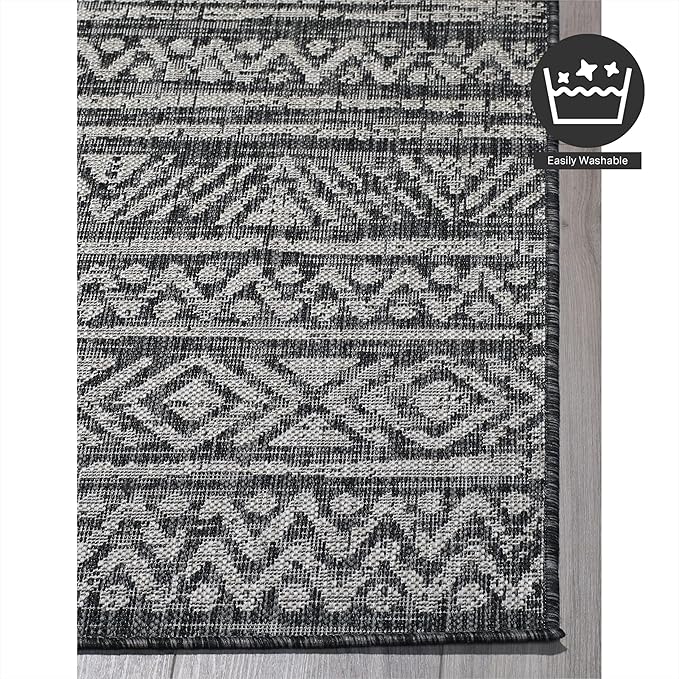 FH Home Flat Woven Outdoor Rug - Waterproof, Easy to Clean, Stain resistant - Premium Polypropylene Yarn - Striped Boho - Patio,Deck,Porch,Balcony, Laundry Room - Amman - Charcoal - 3ft 11in x 5ft 6in
