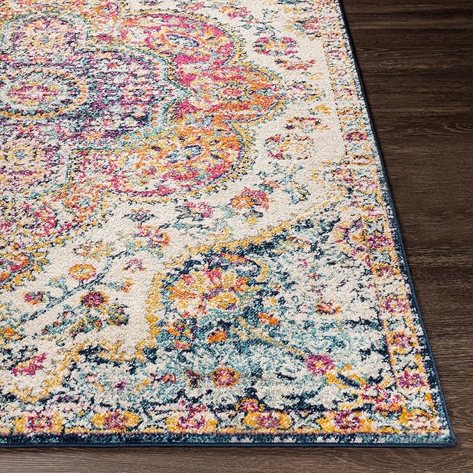 Livabliss Area Rugs - 9x12 Romaine Vintage Boho Fuchsia Mustard Blue Area Rug for Living Room Bedroom - Floral Medallion Stain Resistant Carpet for Kitchen, Nursery, Office (9' x 12'6")