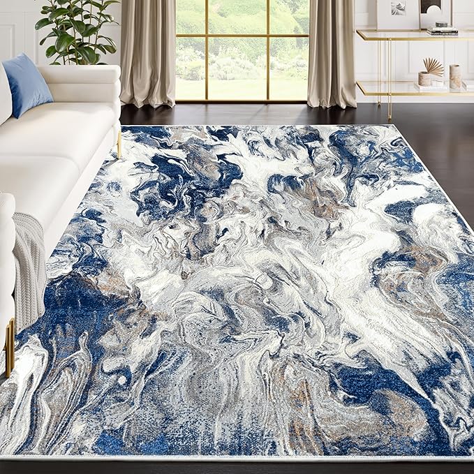 Abani Regal Blue Area Rug for Living Room, Bedroom - Swirl Abstract Pattern - 5' x 8' - Durable & Easy to Clean Washable