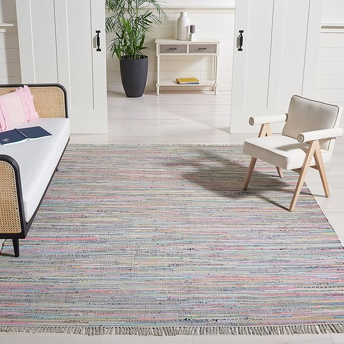 SAFAVIEH Rag Rug Collection Area Rug - 8' Square, Grey & Multi, Handmade Boho Stripe Cotton, Ideal for High Traffic Areas in Living Room, Bedroom (RAR121M)