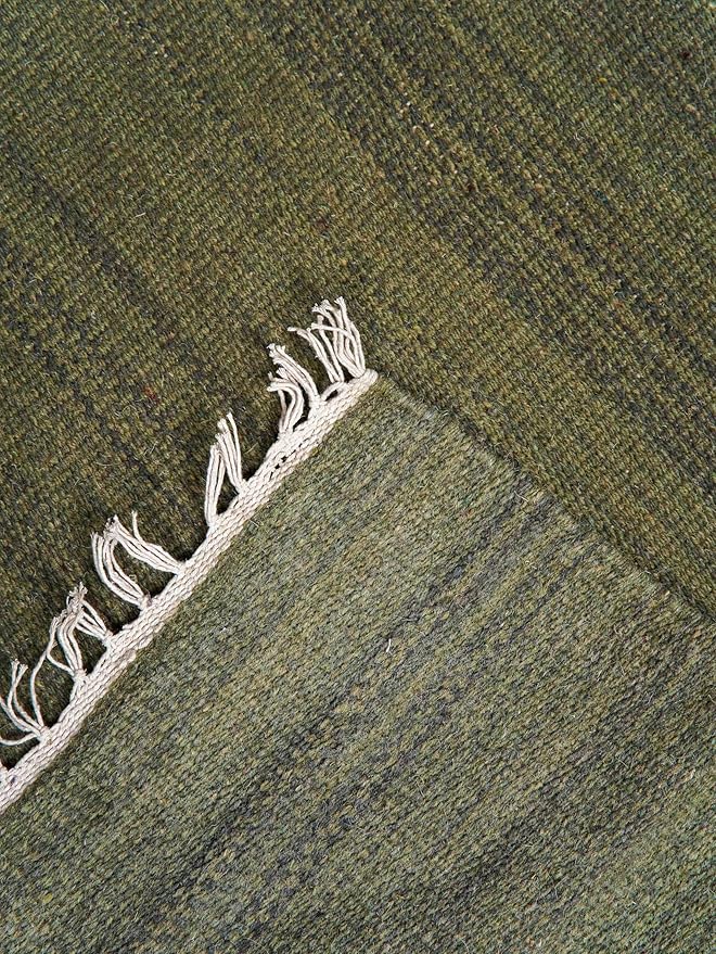 Rugsotic Carpets Hand Woven Flat Weave Kilim Wool ECO-Friendly Area Rugs - 8'x8', Square Shape, Olive Color, Solid Plain Design, Low Pile Handmade Area Rugs for Living Room, Bed Room (D00111)