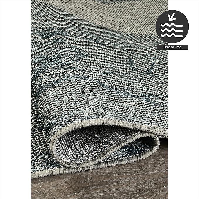 FH Home Outdoor Rug - Waterproof Easy to Clean Stain Resistant - Patio Indoor Outdoor Porch Deck Balcony Entryway - Modern Abstract - Freeport - Blue - 5ft 2in x 7ft 6in