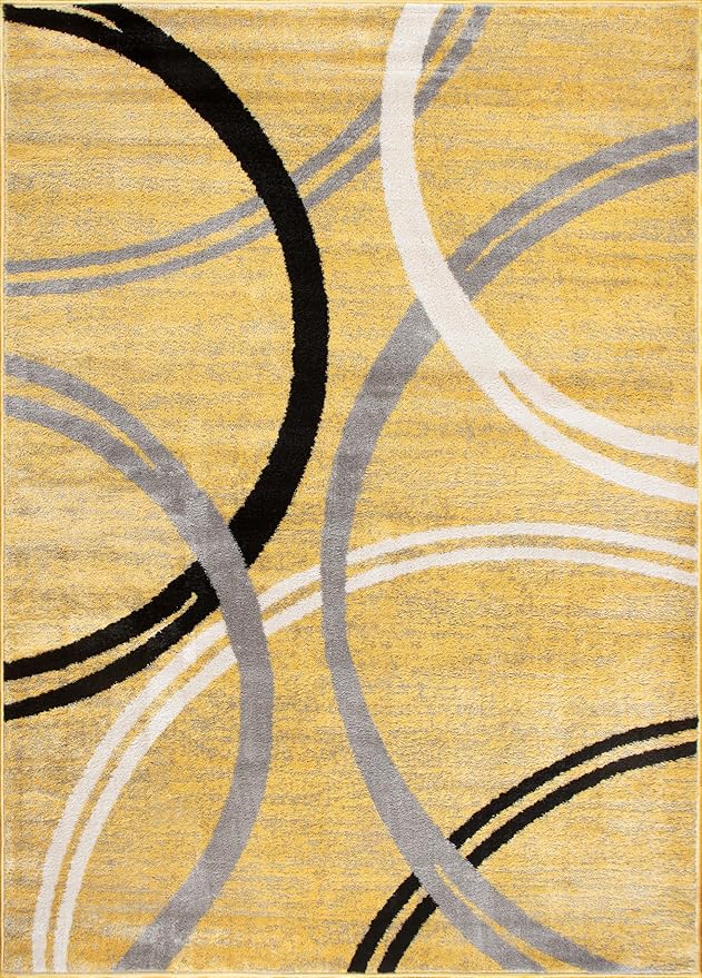 Rugshop Wavy Circles Design Area Rug, Non-Shedding Carpet for Living Room, Bedroom, or Office, Yellow, 6'6" x 9'