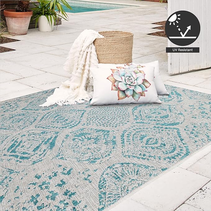 FH Home Flat Woven Outdoor Rug - Waterproof, Easy to Clean, Stain Resistant - Premium Polypropylene Yarn - Distressed Farmhouse - Large Patio, Deck, Sunroom - Granada - Aqua - 7ft 10in x 10ft 9in