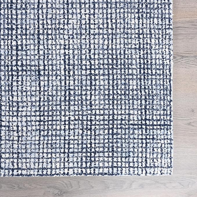 Hand-Tufted 100% Wool Pile Area Rug – Geometric Textured Grid Check Pattern – Thick and Durable Floor Carpet for Bedroom, Living Room, Kids Room, and Dining Area (Navy Blue, 8' x 12')