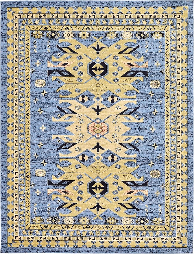 Unique Loom Taftan Collection Border Geometric Tribal Inspired Design Area Rug (9' 0 x 12' 0 Rectangular, Light Blue/ Gold)