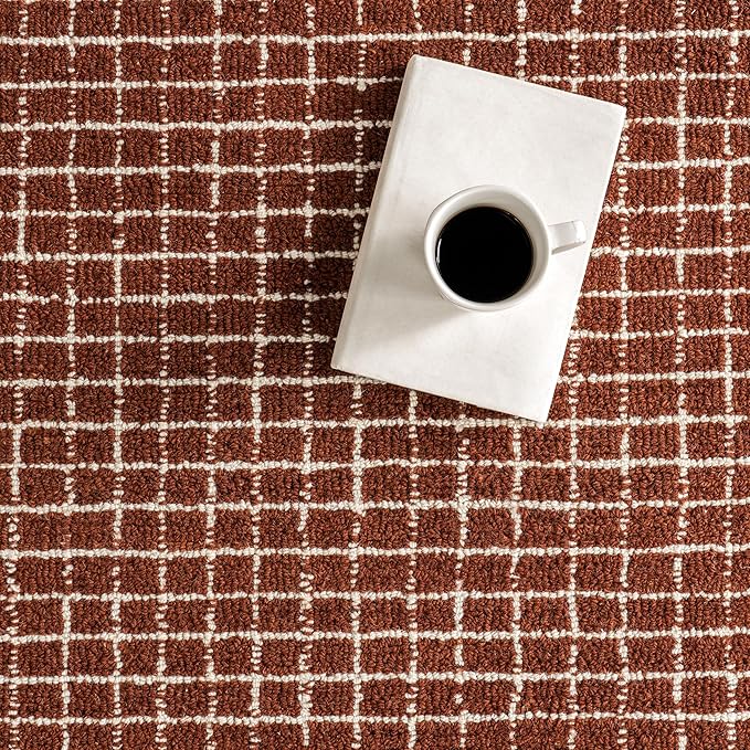 Rugs USA 2'6" x 8' Melrose Checked Wool Indoor Runner Rug, Contemporary Farmhouse Chestnut/Ivory for Living Room, Bedroom, Office, Entryway, Hallway