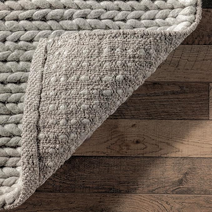 nuLOOM 4 Square Penelope Wool Braided Handmade Area Rug, Light Grey, Solid Rustic Farmhouse Style, For Bedroom, Living Room, Hallway, Entryway