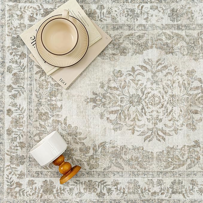 5x8 Area Rug Beige Washable Vintage Distressed Living Room Carpet Large Bedroom Indoor Neutral Medallion Floral Non Slip Retro Throw Floor Mat for Office Dining Room Kitchen Bathroom
