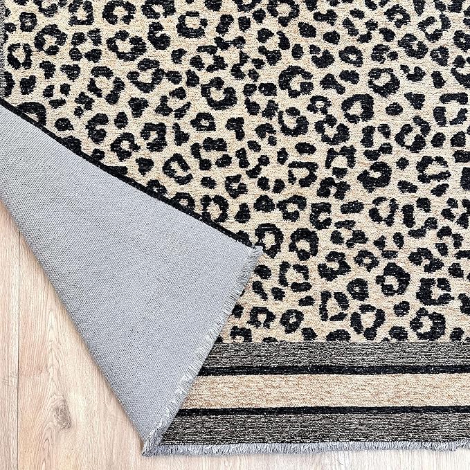 Alfa Rich 7x10 Leopard Beige Black Washable Area Rugs for Living Room Bedroom Kitchen Cotton Rug