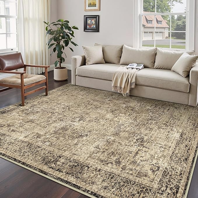 4x6 Area Rug Washable Vintage Neutral Entryway Living Room Carpet Indoor Office Non Slip Brown Entrance Distressed Low Pile Retro Accent Throw Rug for Dining Room Bathroom Bedroom Laundry