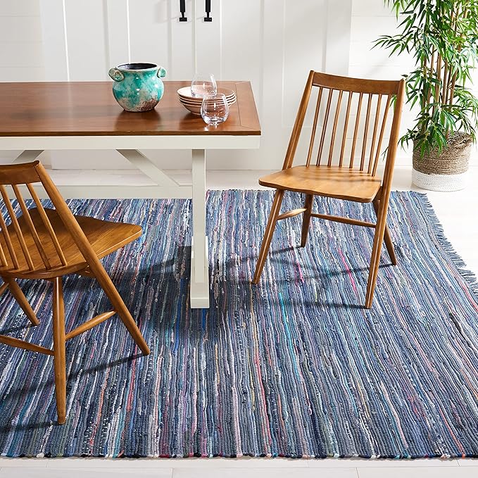 SAFAVIEH Rag Rug Collection Area Rug - 8' x 10', Ink & Multi, Handmade Boho Stripe Cotton, Ideal for High Traffic Areas in Living Room, Bedroom (RAR121C)