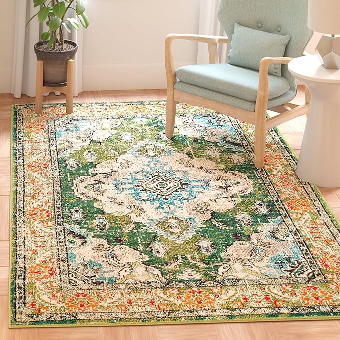 SAFAVIEH Monaco Collection Area Rug - 8' Square, Forest Green & Light Blue, Medallion Distressed Design, Non-Shedding & Easy Care, Ideal for High Traffic Areas in Living Room, Bedroom (MNC243F)