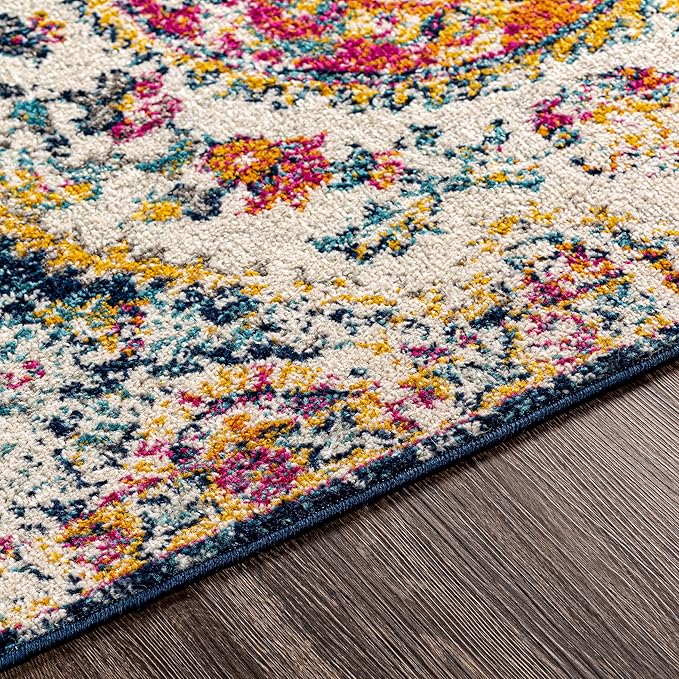 Livabliss Area Rugs - 8ft Round Romaine Vintage Boho Fuchsia Mustard Blue Round Area Rug for Living Room Bedroom - Floral Medallion Stain Resistant Carpet for Kitchen, Nursery, Office (7'10" Round)