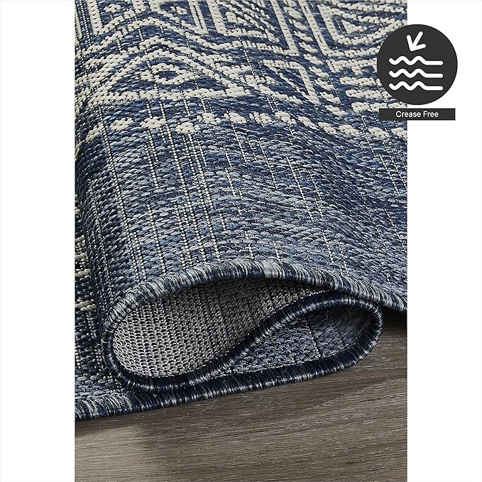 FH Home Outdoor Rug - Waterproof Easy to Clean Stain Resistant - Patio Indoor Outdoor Porch Deck Balcony Entryway - Boho Moroccan - Ariana - Blue - 5ft 2in x 7ft 6in