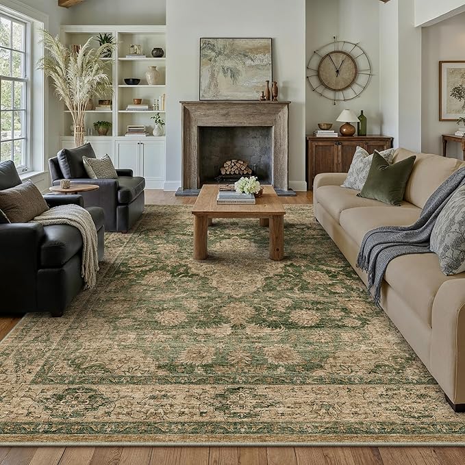 HUGEAR Retro Green Area Rug 6x9 Machine Washable Living Room Rugs Distressed Vintage Floral Low Pile Carpet Bedroom Office Dining Room Laundry Room Non Slip Soft Lightweight