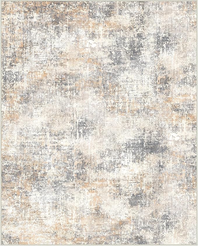Bavni 8x10 Area Rugs Machine Washable Rug for Living Room, Modern Printed Rug Indoor Soft Area Rug for Bedroom Dining Room, Ultra-Thin Low Pile Carpet with Non Slip Rubber Backing, Beige Gray