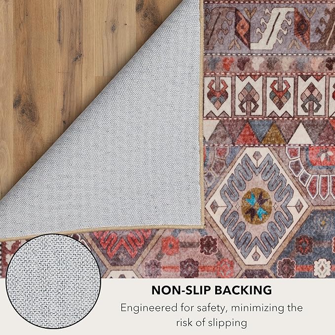 Kuden 2'6"x12 Runner Rug, Machine Washable Area Rug with Non-Slip Backing, Vintage Style, Soft, Easy Clean, Low Pile Rug for Hallway, Entryway, Kitchen, Bedroom