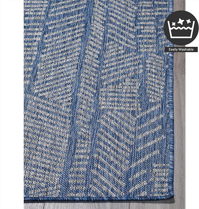 FH Home Flat Woven Outdoor Rug - Waterproof, Easy to Clean, Stain resistant - Premium Polypropylene Yarn - Modern Abstract - Patio, Deck, Porch, Balcony,Laundry Room - Suez - Blue - 3ft 11in x 5ft 6in