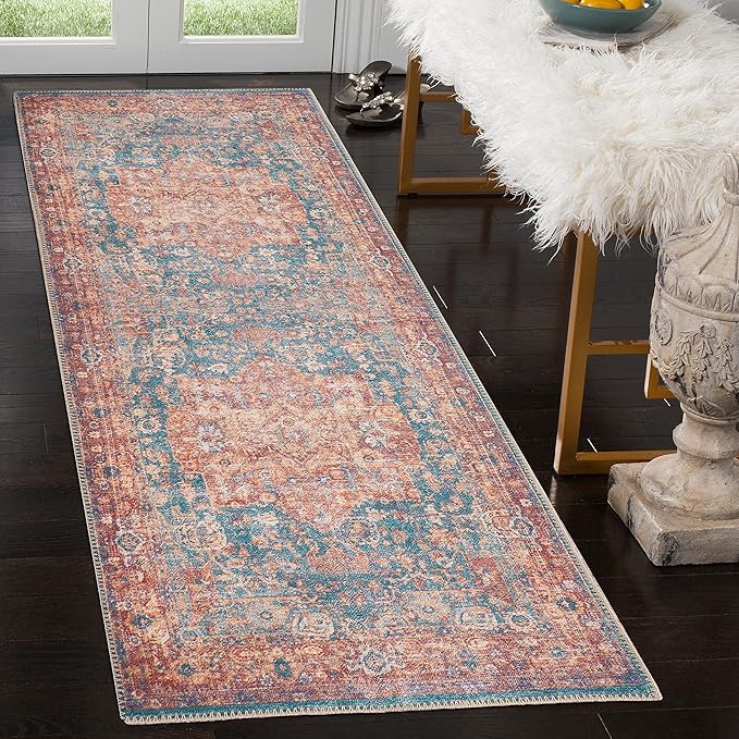 GLN Rugs Traditional Collection - Machine Washable Area Rug, Traditional Washable, Non Slip, Low Pile Chenille Rug, Living Room, Bedroom, Kitchen Rug (2'6" x 7' Terra/Green)