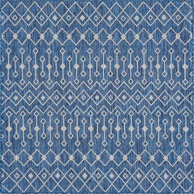 Unique Loom Outdoor Trellis Collection Area Rug - Tribal Trellis (6' 1" Square, Blue/ Ivory)