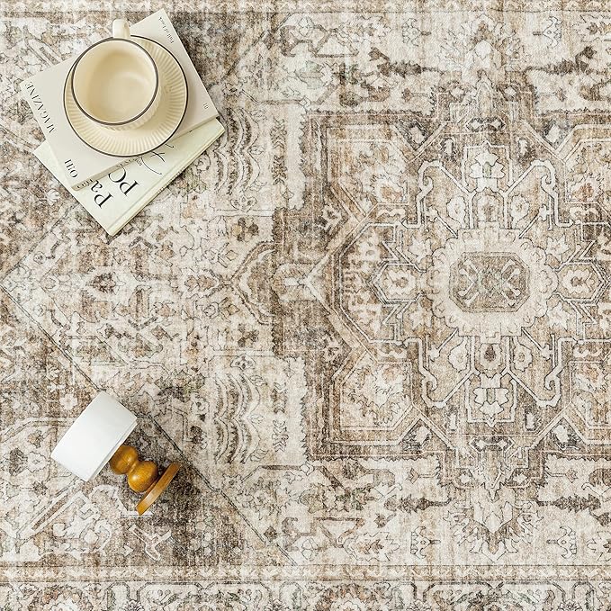 Brown Hallway Runner Rug 2x7 Vintage Washable Distressed Area Carpet Kitchen Indoor Non Slip Long Traditional Medallion Retro Accent Throw Rug for Bedroom Laundry Office Dining Living Room