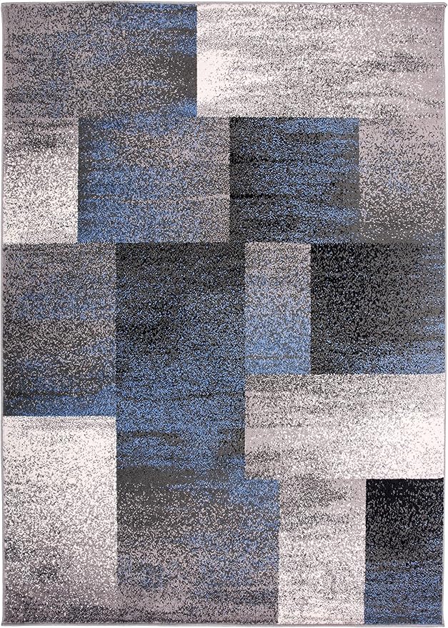 Rugshop Blue Modern Distressed Boxes Large Area Rug — Non-Shedding for Living Room, Office and Dining Room 8' x 10'