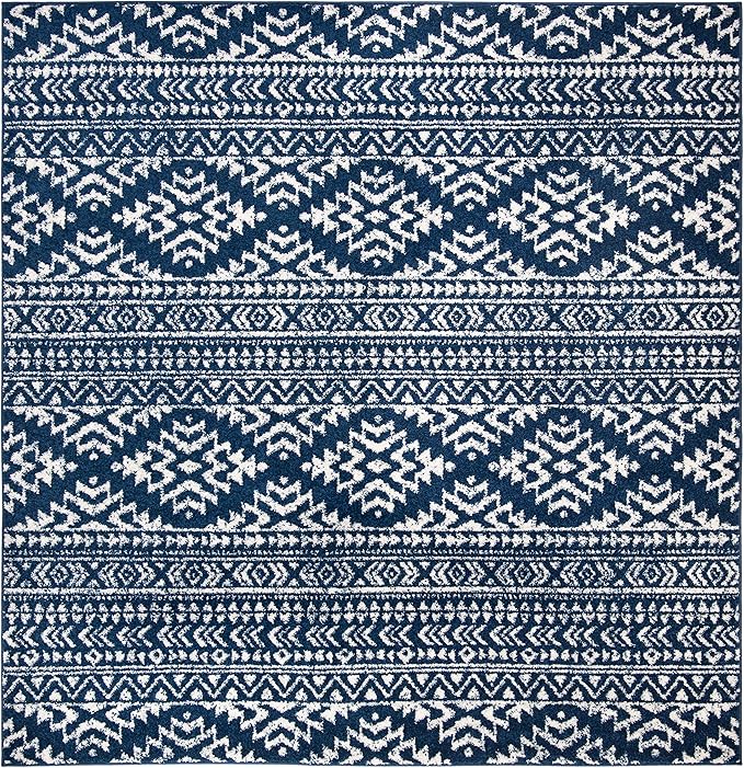 SAFAVIEH Tulum Collection Area Rug - 8' Square, Navy & Ivory, Moroccan Boho Tribal Design, Non-Shedding & Easy to Clean, Ideal for Living Room, Bedroom, Dining Space (TUL272N)