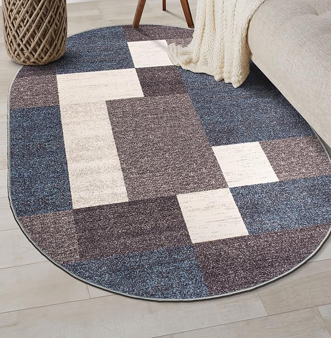 Rugshop Modern Boxes Design Non-Slip (Non-Skid) Carpet Oval Area Rug for Entryway,Kitchen,Living Room 5' x 7' Blue