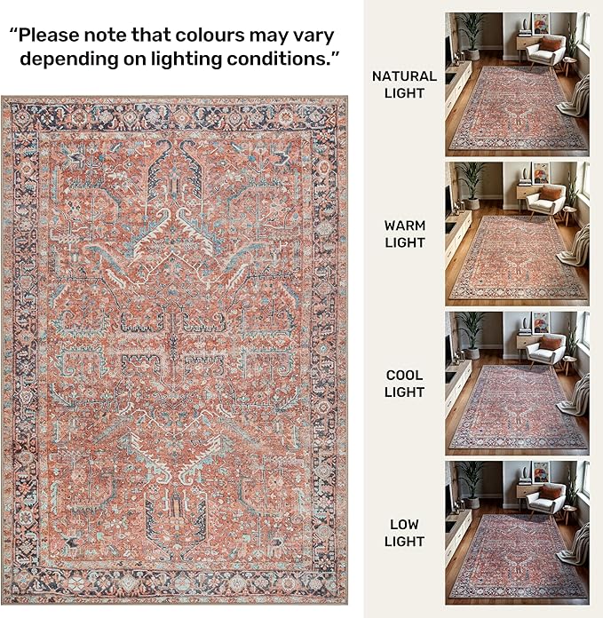 GLN Rugs Traditional Collection - Machine Washable Area Rug, Traditional Washable, Non Slip, Low Pile Chenille Rug, Living Room, Bedroom, Kitchen Rug (4' x 6' Terra/Multicolor 1168)