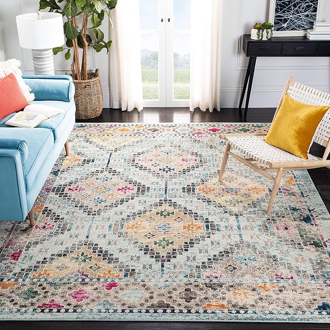 SAFAVIEH Madison Collection Area Rug - 5' Square, Blue & Yellow, Boho Diamond Distressed Design, Non-Shedding & Easy Care, Ideal for High Traffic Areas in Living Room, Bedroom (MAD418K)