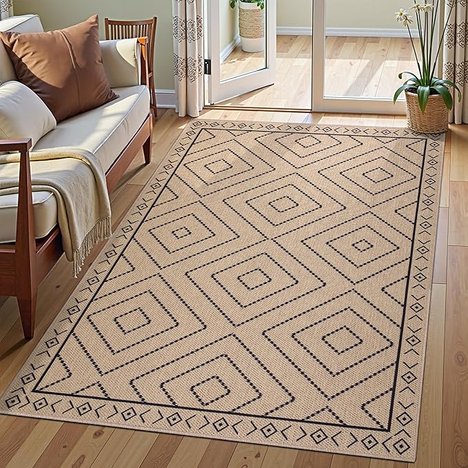 Tangsoo Easy Jute Rug 3x5 for Entryway,Geometric Non-Slip Washable Indoor Outdoor Door Carpet,Farmhouse Ultra Thin Throw Mat for Kitchen Bedroom Front