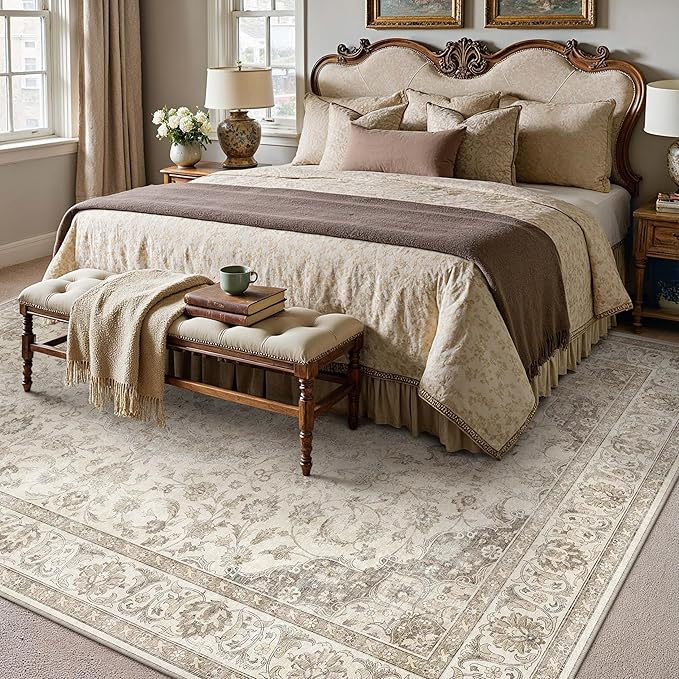 HUGEAR Area Rug 8x10 Vintage Brown Machine Washable Living Room Rugs Thin Neutral Floral Vacuumable Low Pile Carpet Bedroom Office Dining Room Laundry Room Non Slip Soft Lightweight