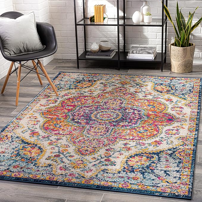 Livabliss Area Rugs - 7x7 Romaine Vintage Boho Fuchsia Mustard Blue Square Area Rug for Living Room Bedroom - Floral Medallion Stain Resistant Carpet for Kitchen, Nursery, Office (6'7" Square)