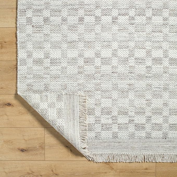 Mark&Day Wool Rugs, 9x12 Clinten Solid and Border Light Gray Checkered Rug, Grey Ivory Carpet for Living Room, Bedroom or Kitchen (8'10" x 12')