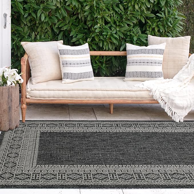 FH Home Flat Woven Outdoor Rug - Waterproof, Easy to Clean, Stain resistant - Premium Polypropylene Yarn - Bordered Moroccan - Patio, Deck,Porch,Balcony,Laundry - Accra - Charcoal - 3ft 11in x 5ft 6in