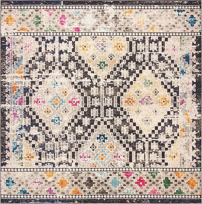 SAFAVIEH Madison Collection Area Rug - 3' Square, Black & Yellow, Boho Diamond Distressed Design, Non-Shedding & Easy Care, Ideal for High Traffic Areas in Living Room, Bedroom (MAD418Z)