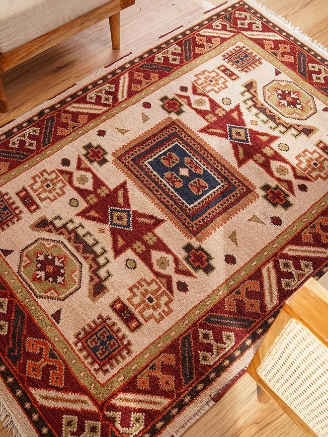Hand Knotted Wool & Silk ECO-Friendly Oriental Area Rugs - 3'x5', Rectangle Shape, Cream Burgundy Color, Classic Oriental Traditional, Medium Pile Handmade Area Rugs (AF0102)