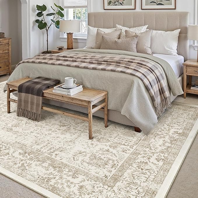Light Brown Area Rug 10x12 Machine Washable Large Vintage Living Room Distressed Non Slip Carpet Traditional Indoor Bedroom Retro Floral Accent Throw Rug for Office Kitchen Dining Room