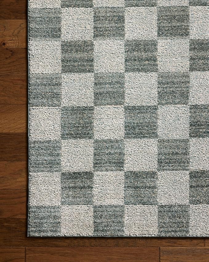 Loloi Chris Loves Julia Calvin Collection CLV-01 Blue/Ivory 7'-10" x 10' Area Rug Checkered Neutral Soft Living Room Bedroom Carpet