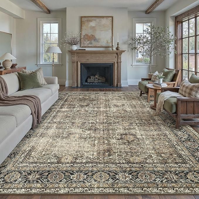 Vintage Area Rug 7x10 Brown Washable Living Room Large Carpet Non Slip Bedroom Indoor Office Low Pile Traditional Distressed Retro Accent Rug for Dining Room