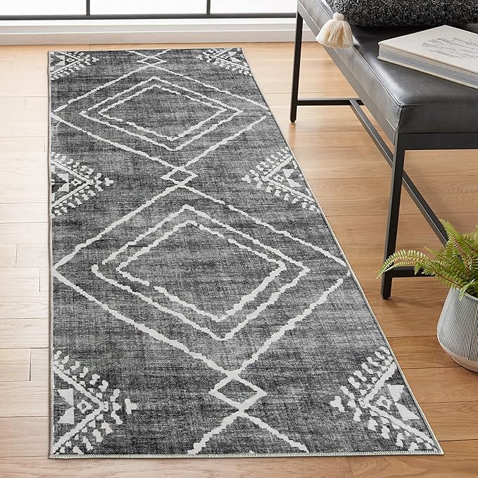 ReaLife Rugs Machine Washable Area Rug Runner - Living Room Bedroom Bathroom Kitchen Entryway Office - Padded Low Pile Stain Resistant Premium - Moroccan Diamond Tribal - Jax - Gray 2'6" x 10'